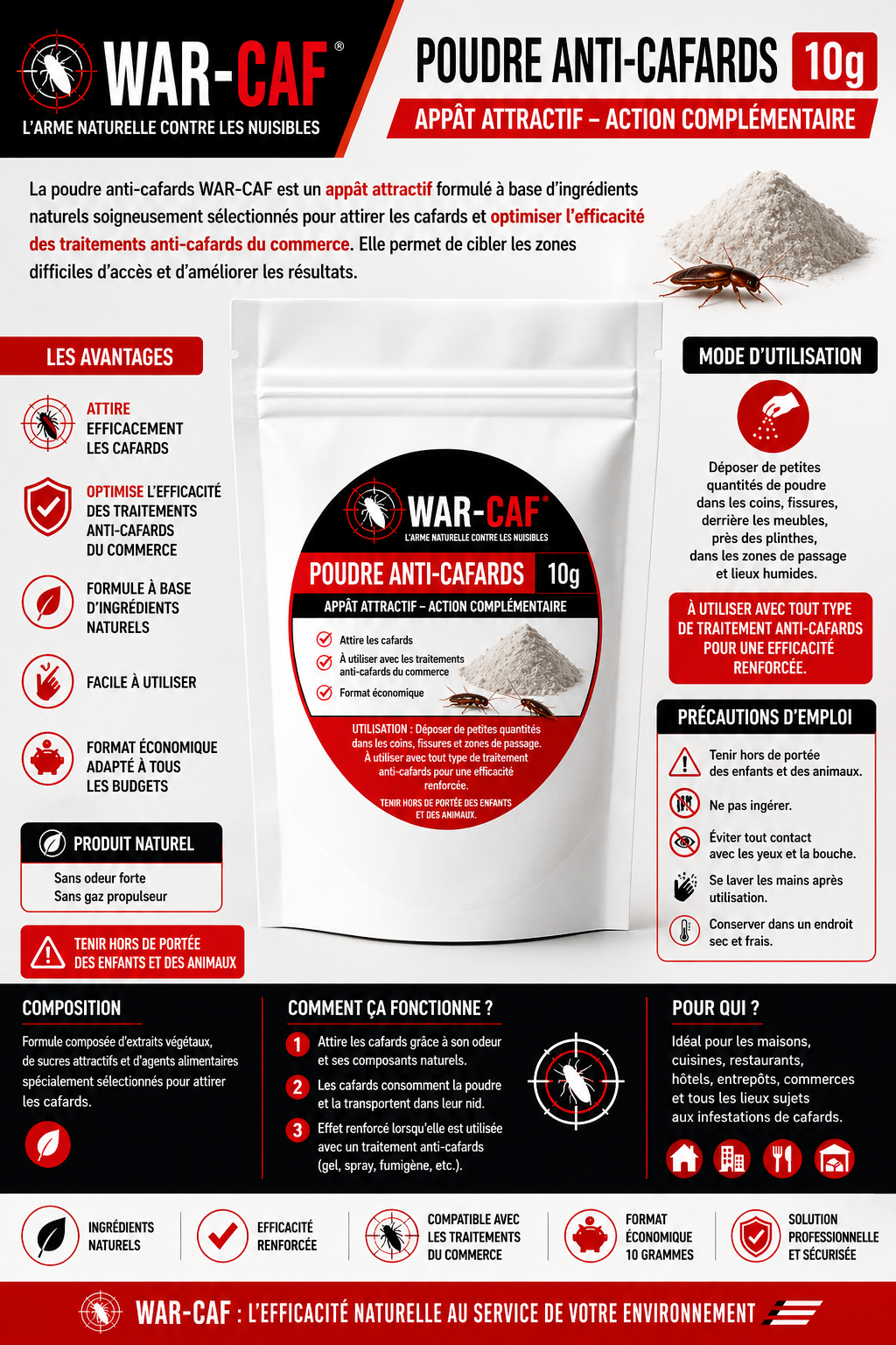 Poudre anti-cafards WAR-CAF – 10g (format économique)