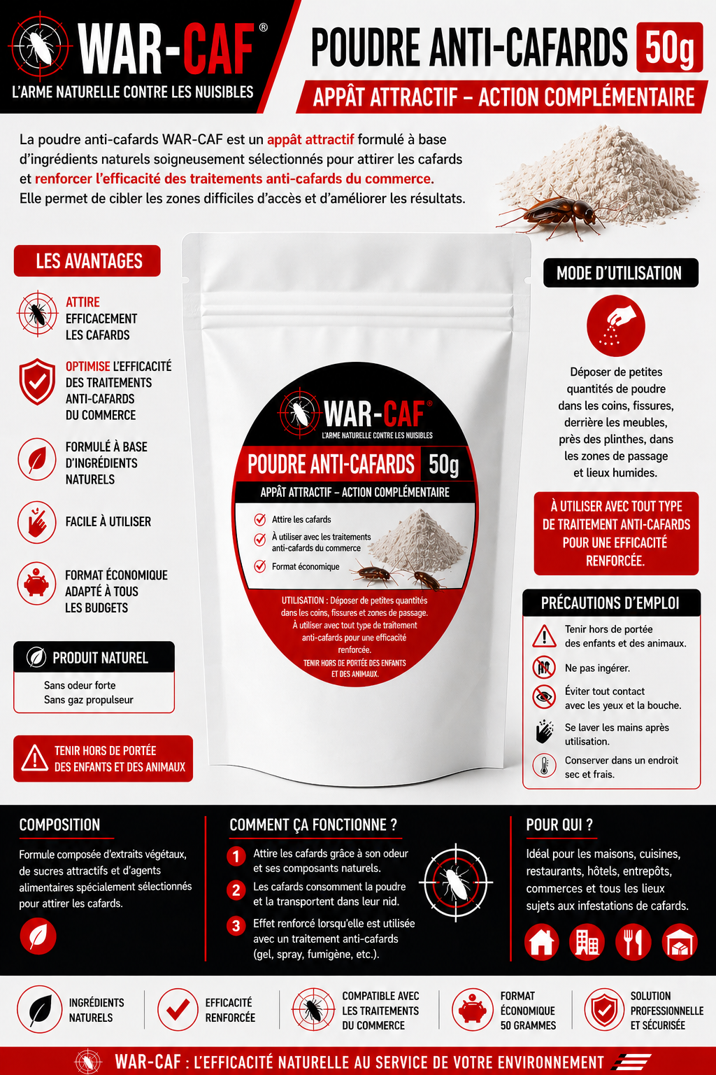 Poudre anti-cafards WAR-CAF – 50g (format économique)
