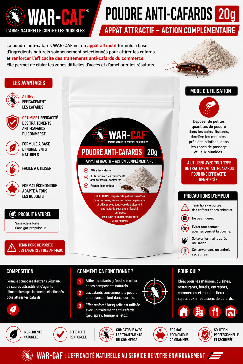 Poudre anti-cafards WAR-CAF – 20g (format économique)