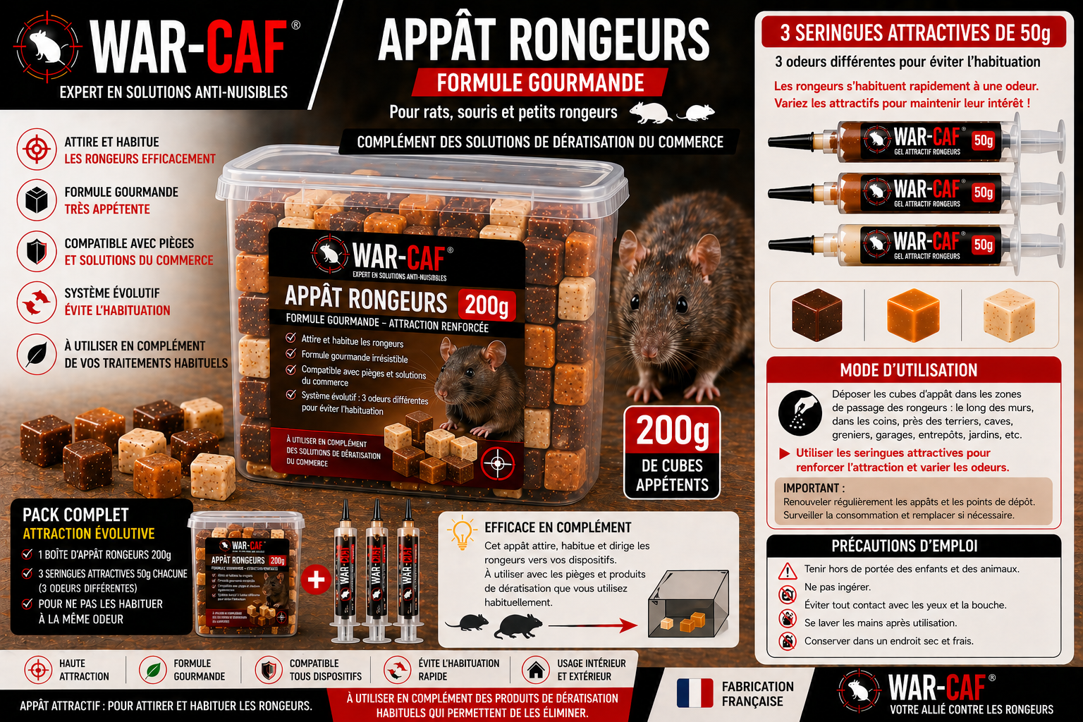 🐀 Appât rongeurs WAR-CAF –. cubes attractifs (200g Rats & souris – formule gourmande professionnelle