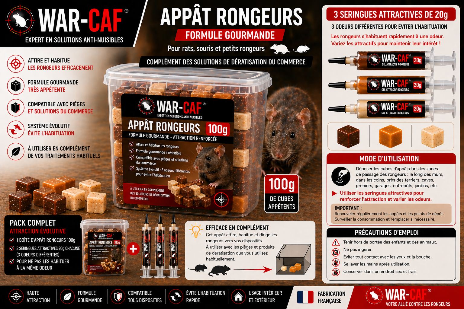 🐀 Appât rongeurs WAR-CAF – cubes attractifs (100g Rats & souris – formule gourmande professionnelle