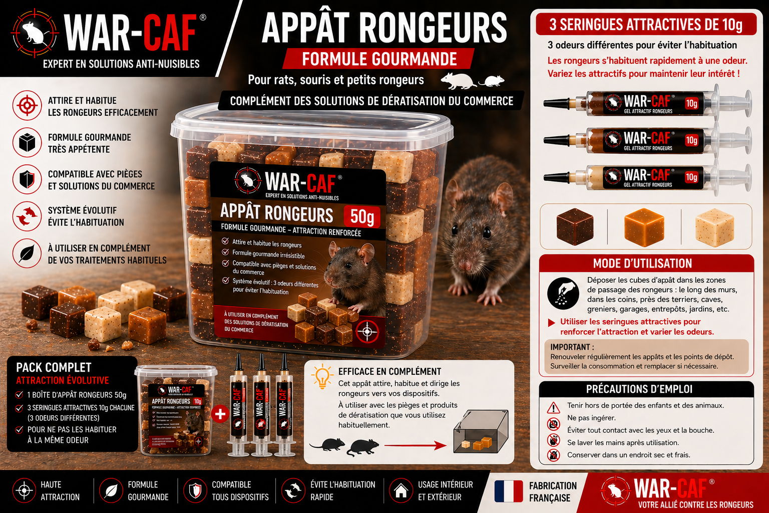 🐀 Appât rongeurs WAR-CAF – cubes attractifs (50g Rats & souris – formule gourmande professionnelle